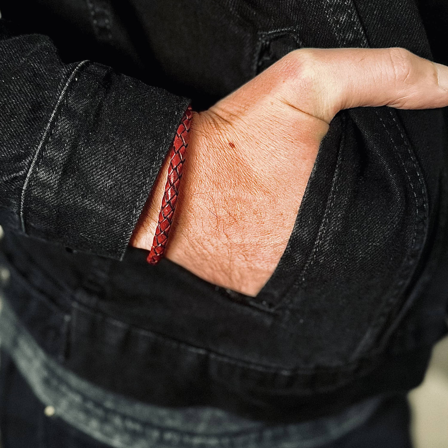 Alex Genuine Leather Bracelet in Antique Red, Fashion picture front in pocket