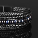 Blueeye - Multi-layer leather bracelet with blue tiger-eye beads & genuine leather cords