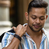 Matt - Multi-layer leather bracelet with red-tiger eye beads & genuine leather cords, fashion picture close up