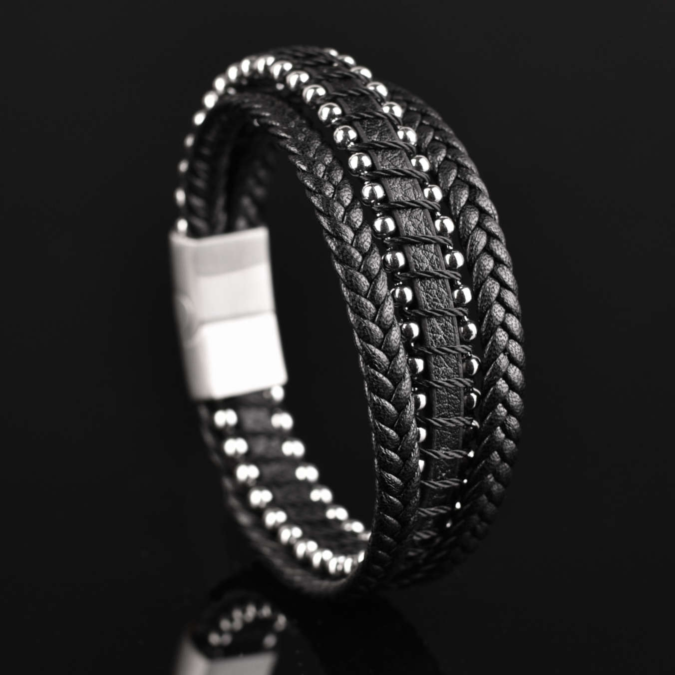 Multi-layer leather bracelet from Rianrix with silver beads and silver brushed 316 stainless steel clasp, angle view