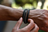 Taylor - Multi-layer leather bracelet with silver glossy beads, fashion picture close up