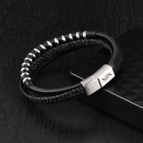 Multi-layer leather bracelet from Rianrix with brushed silver 316L stainless steel clasp, back view