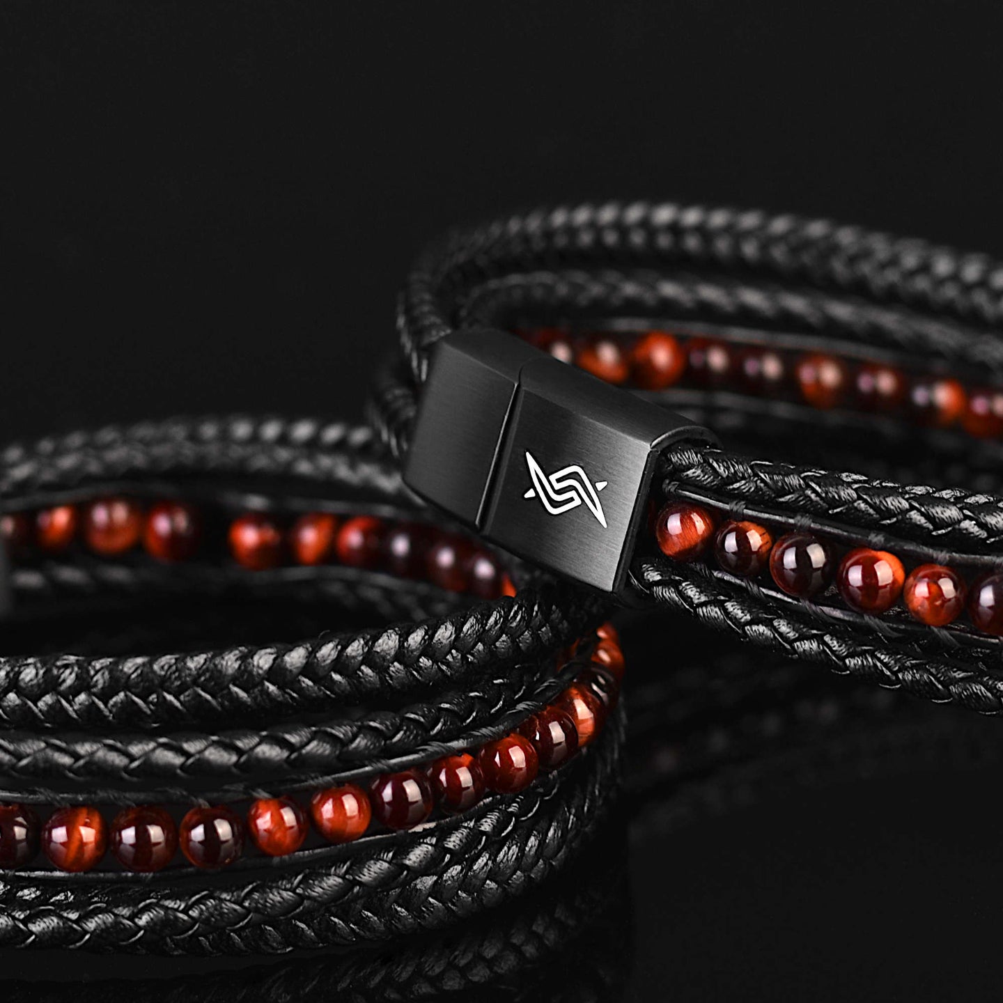 Matt - Multi-layer leather bracelet with red-tiger eye beads & genuine leather cords